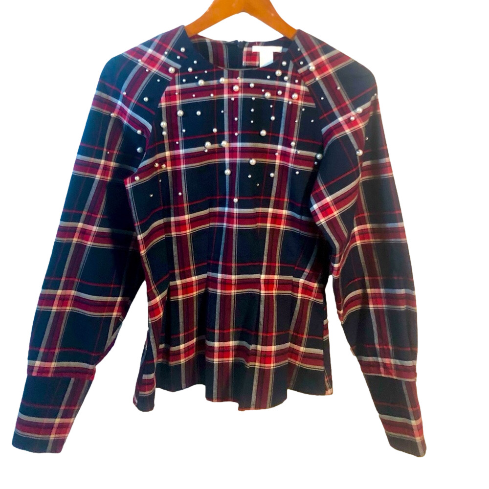 Plaid and pearl peplum top long-sleeved size 2 pre-owned like new by H&M